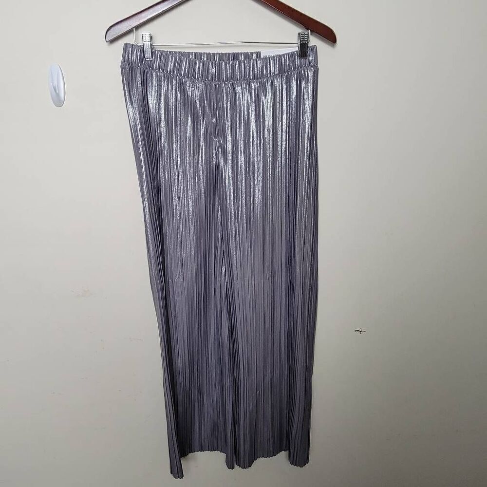 Ann Taylor Metallic Silver Shimmer Pleated Slim Wide-Leg Pull On Ankle  Pants Sm